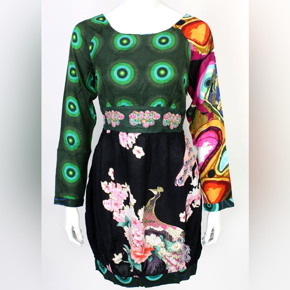Desigual Silvan Embroidered Long Sleeve Peacock Dress, size 8